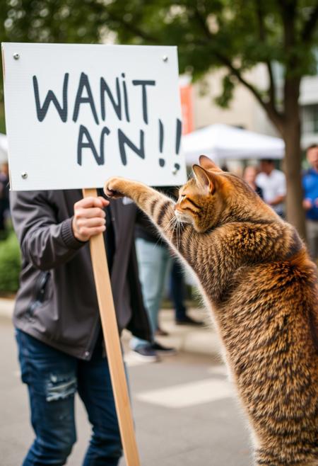 cat punching a man who is holding a sign