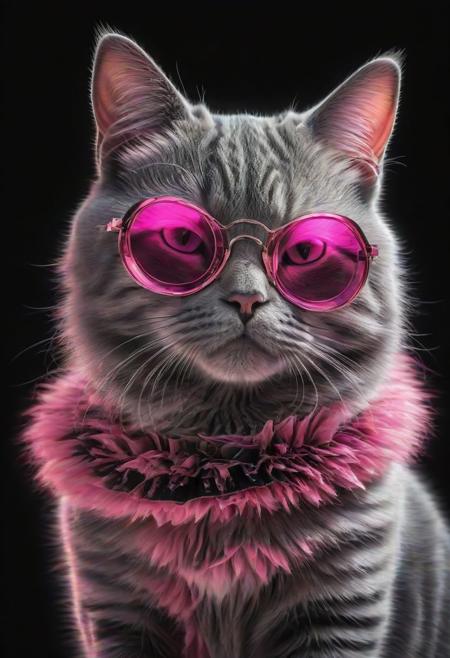 (best quality, 8K, high resolution, masterpiece), ultra detailed, (3D CGI), a beautiful pair of sunglasses, trendy, fashionable, pink, silver and black stylized Cat-eye shape, on a black background, countryside advertising, winning photo,