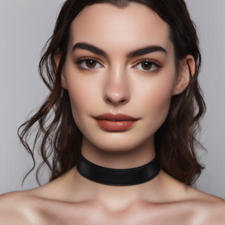 Portrait photo of a woman with wet-looking lips wearing a tight thin leather choker and lip-gloss, Nikon Z9, realistic matte skin, skin texture visible, (sharp focus), (high quality)