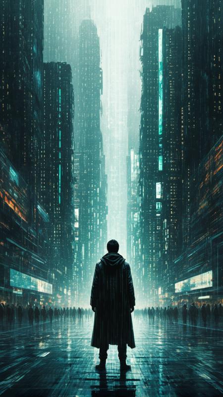 midjourneyv6.1, Portrait of a futuristic city, centered, no face, cape, in a matrix-style digital world, surrounded by flowing binary digits, 4k, glitch, moody, badass, digital art style, painting style, dramatic, dark, emotionally profound, very intricate, by milo manara and russ mills