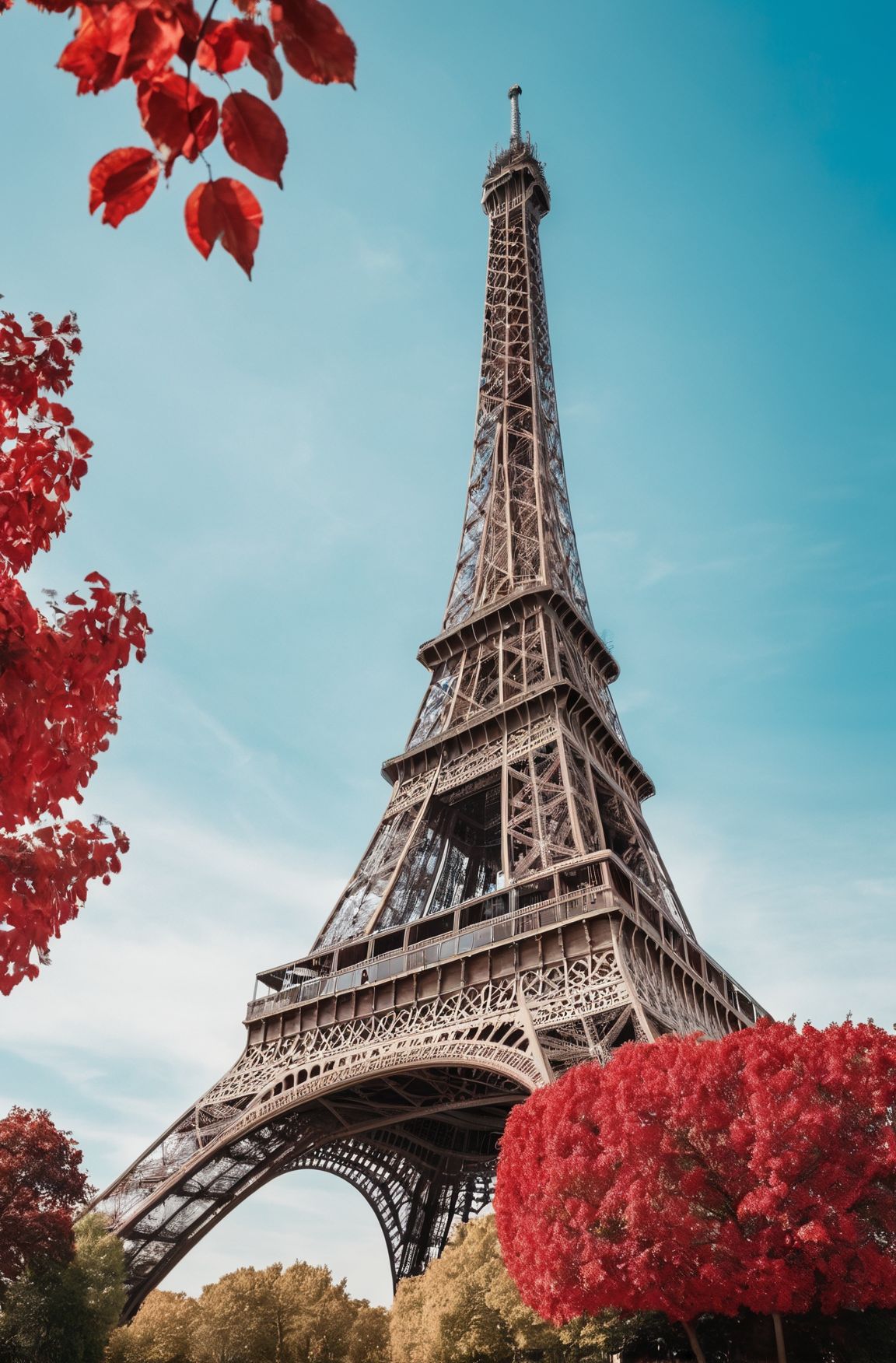 Architecture Photography, eiffel tower, azure and red tones, photo 4k, art work, bright day, 6 k