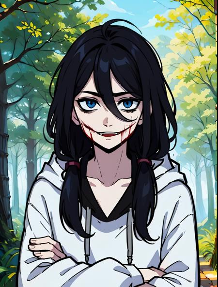 jeff, 1boy, hoodie, smile, blood on face, open mouth, long sleeves, hair between eyes, black hair, medium hair, scar in mouth, male focus, pale skin, blood from mouth