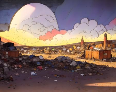 a huge ((trash junkyard)), hard lighting, pastel colors, art by WASMoebius