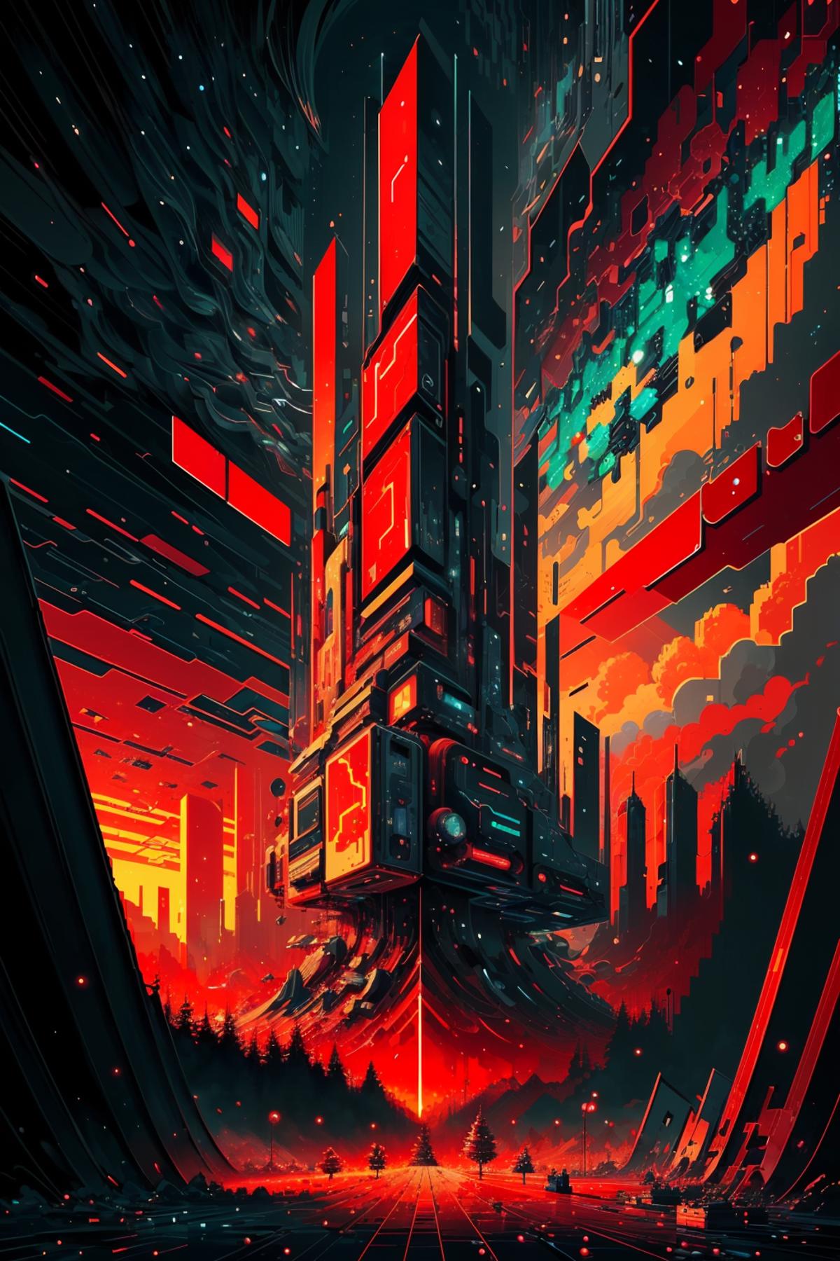 A futuristic cityscape with a skyscraper and a red sunset in the background.