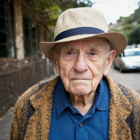 robert, photo by alex webb, [[medium shot]], man, elderly, portrait, hat, street, [[wrinkles]], moles, 8k