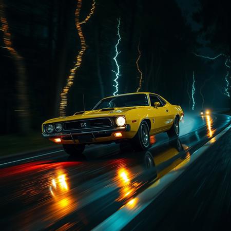 A cinematic close view shot of the one oldschool muscle car speeding down a forest road at night, reflecting the bright, rare colorful lights from surrounding electrical supernatural anomalies, with rain-slicked damaged and curvy roads creating a mirror effect of the car’s sleek yelow body. The night in the background enhances the vibe of this intense country drive scene. Only one car.