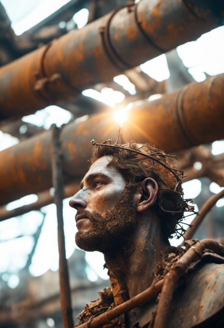 cinematic captivating photo of male god made solely out of las040 rubble, rusted metal pipes, rusted wires, broken glass, bokeh, close up shot from below and the side, off center, 4k, uhd, high detals, high quality, soft light, focus on face, foggy, sun rays