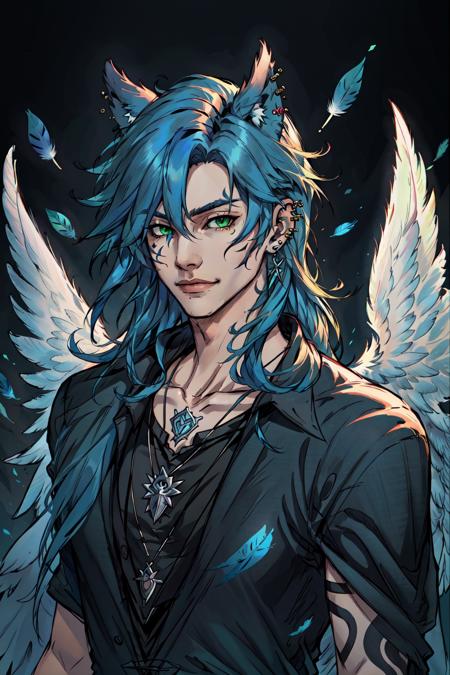 Duskfallcrew Art Style,  Aeron X'voor,  solo,  long hair,  looking at viewer,  1boy,  jewelry,  closed mouth,  green eyes,  blue hair,  upper body,  male focus,  earrings,  wings,  necklace,  blurry,  tattoo,  piercing,  feathers,  ear piercing,  feathered wings,  extra ears,  Osenayan Mode, <lora:EMS-57510-EMS:0.300000>, , <lora:EMS-57370-EMS:0.600000>