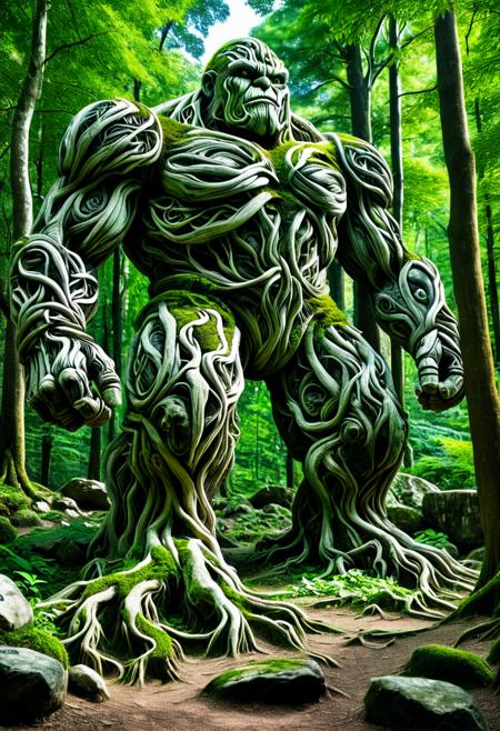 score_9,score_8_up,score_7_up, PG-TR, This is a vibrant, fantasy illustration of a large, golem-like figure that appears to be made of stones and rocks, partly overgrown with lush green foliage. The figure stands in a forested environment, with trees and plants surrounding it, and in the background, ruins or other stone structures are visible. The sky above is clear blue with some white clouds, indicating a sunny day.
The colossus itself is impressively large, with a broad posture and thick, robust limbs. Its body is a mix of gray and brown stones, some smoother than others, with cracks and moss growth emphasizing its age and natural integration. The most striking feature is the dense layer of bright green leaves covering large parts of its torso, shoulders, and upper legs, as if it has become part of the forest itself.
The colossus's face is somewhat human-like, with a stylized, flat nose and indentations suggesting eyes, all formed from stone. The overall atmosphere of the image is one of wonder and mystery, fitting for a fantasy world.  <lora:Treeroots_0_90_multi2_Handprocessed_V2:1>