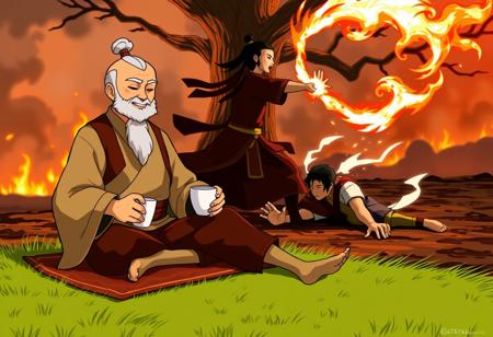 Source from avatar the last Airbender:
On the front  we can see uncle iroh savouring a cup of tea and sitting on carpet on a patch of green grass. He has is eyes closed with a face of delight.
In the background we can see two man fighting. The first one is zuko, he is on the ground struggling.
The second is fire lord ozai he is standing over zuko and charges a fire ball,
The background is made of scorched earth, smoke and a tree is on fire.