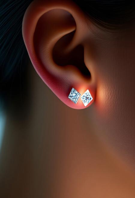subdermal LED diamond studs, (internal LED glow:1.6), (embedded LEDs:1.7) forming diamond-like points beneath the skin at the ears, soft radiant light through the skin, (iconic diamond jewelry design:1.6), natural skin tone with light diffusion, high-definition, elegant light accents at the ears, ultra-realistic skin textures, (radiant but subtle glow:1.5), perfect for formal and everyday wear, (worn jewelry:-1.8), (visible earrings:-1.8), (rigid appearance:-1.6), seamless light diffusion beneath the skin, advanced subdermal technology, high-resolution, refined and versatile, modern tech-integrated beauty