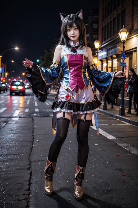 best quality, masterpiece, realistic, (photorealistic:1.4), 1girl, solo, full body, smile, karyl costplay costume, cosplay, animal ears, detached sleeves, thighhighs, boots, detailed background, in street, night, <lora:karyl_cosplay_costume_v1:0.65>