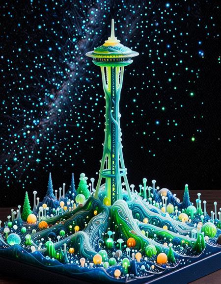 The Space Needle made of slime, translucent slime, glowing slime, starry night  <lora:Slime-morph:1>