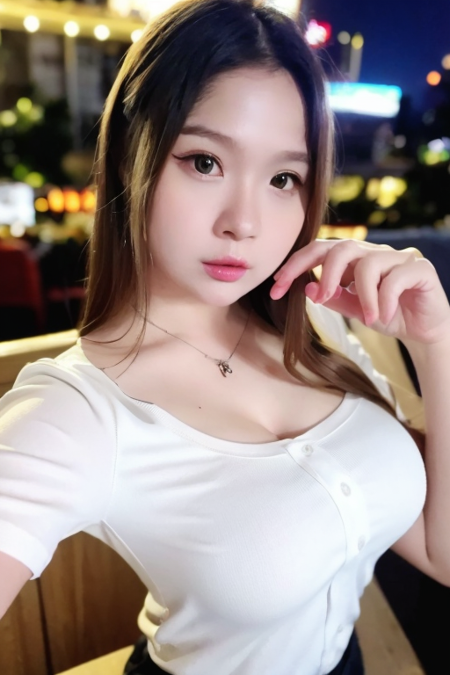 1girl,(wearing a white tshirt),(RAW photo, best quality), (realistic, photo-realistic:1.4), masterpiece, an extremely delicate and beautiful, extremely detailed, 2k wallpaper, Amazing, finely detail, extremely detailed CG unity 8k wallpaper, ultra-detailed, highres, soft light, beautiful detailed girl, extremely detailed eyes and face, beautiful detailed nose, beautiful detailed eyes,cinematic lighting,city lights at night,perfect anatomy,