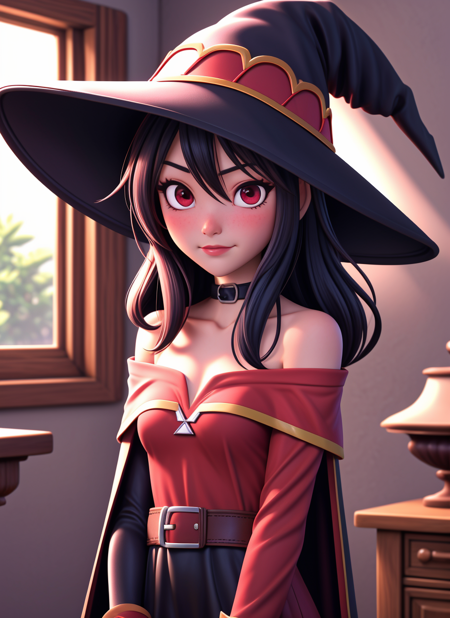 megumin, 1girl, bare shoulders, black cape, black gloves, black hair, blush, cape, choker, collarbone, dress, hair between eyes, hat, long sleeves, looking at viewer, medium hair, off-shoulder dress, off shoulder, red dress, red eyes, sidelocks, solo, witch hat, indoors