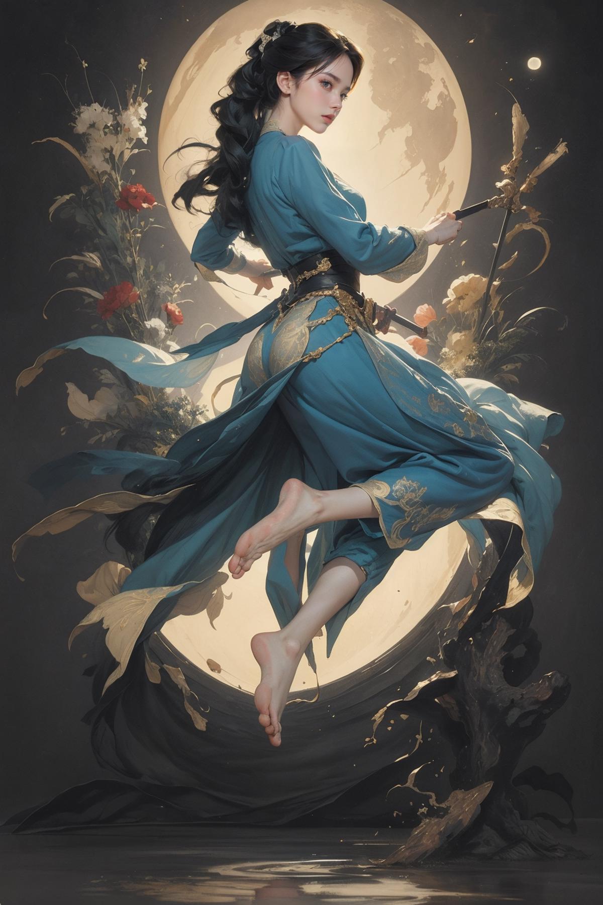 A girl in a blue dress holding a sword in front of a moon.