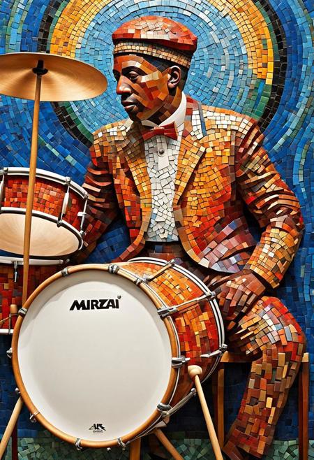 Expressive, multicolored mosaic of the drummer with meticulous detailing 3d and a lustrous finish --ar 7:4