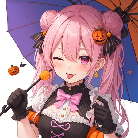 taya, 1girl, maruyama aya, solo, tongue out, pink hair, tongue, bow, one eye closed, gloves, polka dot, polka dot bow, candy hair ornament, hair bun, star (symbol), jewelry, upper body, pink eyes, bowtie, double bun, purple gloves, earrings, blush, bangs, hair ornament, umbrella, short sleeves, holding, food-themed hair ornament, looking at viewer, ;q, head wings, halloween, ribbon, striped, food, black bow, jack-o'-lantern, candy, frills, index finger raised, wings, hair bow, halloween costume, smile, lollipop, hair ribbon, frilled gloves, frilled sleeves, black bowtie, ;p, long hair, alternate hairstyle, pumpkin hair ornament, striped bow, holding umbrella, food-themed earrings, masterpiece, best quality,