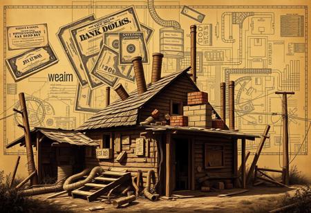 An artistic blend of a 1920s architectural blueprint with a chaotic twist, overlayed on a dilapidated shanty. The scene includes a complex design of junk bonds, stock certificates, and financial symbols intertwined with old-school blueprints, giving it a sense of disarray and desperation. Super Mario Bros elements subtly weave through the composition—iconic bricks, pipes, and retro game symbols emerge from the shanty structure. The overall style is vintage, with muted, sepia tones, reminiscent of the early 20th century, juxtaposed with the playful energy of 8-bit pixel art. The scene captures a collision of economic collapse and playful nostalgia