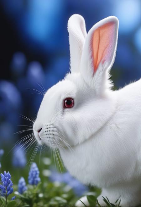 macro photography ,white fat rabbit,spring season, flowers,biomimetic,serene,life form,elusive,vibrant color,detailed wings,majestic,photorealistic, HD, 8k