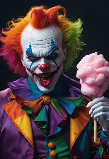Photorealistic evil clown (the Joker) licks rainbow cotton candy on a candy stick, detailed matte painting, deep color, fantastical, intricate detail, splash screen, complementary colors, fantasy concept art, 8k resolution trending on Artstation Unreal Engine 5