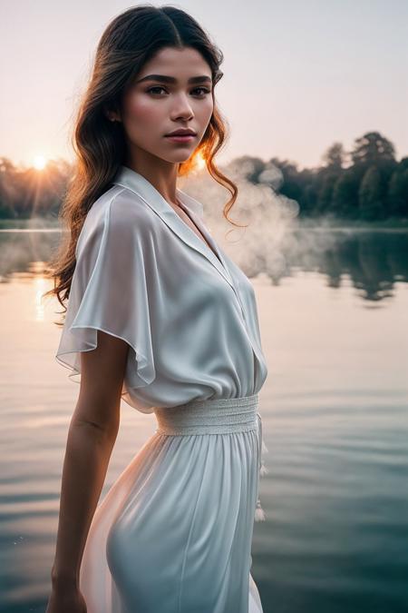 Zendaya_SoloTI_v1,
(In a flowing white silk blouse, with delicate feather earrings, for a whimsical and graceful look),
(A tranquil lakeside at dawn, with mist rising from the water and birds gliding overhead, the first light of day casting a soft glow, ethereal atmosphere:1.3),
(seductive:1.3),(analog, cinematic, film grain, hazy atmosphere, cinematic shot:1.3), 
 <lora:add_detail:0.6>,<lora:LowRa:0>,PA7_Portrait-MCU