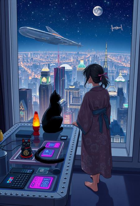 Jiji, the cat from Kiki's Delivery Service sits on a cluttered metal riveted desk with transparent top and rgb led computer components visible inside, On the desk are a maneki neko statue and a lava lamp, Jiji the Black Cat is looking out of a seamless and futuristic floor to ceiling window that looks out at a very high view from an apartment on the 400th floor of a futuristic Tokyo skyscraper, the year is 2250, The city has thousands of enormous wide and tall futuristic skyscrapers and space ships covered with lights in the sky, (((Kiki from Kiki's Delivery Service, 24 years old, is standing next to the cat looking out at the enormous city at night, filled with buildings of many shapes and sizes, some over a mile tall))), Kiki is dressed in an ornate Japanese style bath robe. An enormous deco starship with futuristic lighting and design is visible high above the city, and a space station is visible in the background among the stars, The woman's hair is messy from just waking up and tied up with a ribbon. Artistic cyberpunk, dynamic perspective, The focus is on Jiji and Kiki standing together looking out the window at the view together, (((overall architectural aesthetic is Art Deco Cyberpunk))).  Mt Fuji can be seen in the far distance,