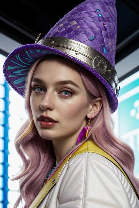 score_9, score_8_up, score_7_up , 1female, 27 years old, solo, close-up portrait, blush, happy, blue eyes, beautiful, mature female, blonde hair 
,purple hair, realistic, circlet, necklace, earrings, diabellze, multicolored hair, witch hat, white coat, white bodysuit, multiple belts, extra decorations, cyberpunk, neon room