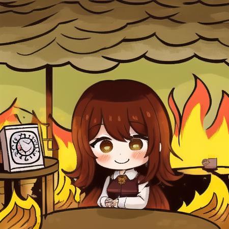 (thisisfine), 1girl, surrounded by fire, fire, cute expression, light smile