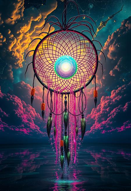 Imagine a massive, floating dreamcatcher in a fusion of Claudio Aboy’s vibrant, abstract style and H.R. Giger’s biomechanical intricacy. The dreamcatcher’s frame is composed of alien-like, metallic tendrils, intricately detailed with biomechanical textures, intertwining with luminous, iridescent threads in electric magentas, vivid turquoises, and eerie greens. At its core, a pulsating, opalescent sphere emits beams of shifting neon light, creating a surreal, high-contrast glow against the dark, shadowy environment. Below, an infinite expanse of glossy, reflective surfaces in shades of deep indigo and radiant pinks mirror the otherworldly spectacle above, with mechanical, bioluminescent forms subtly emerging from the liquid stardust. The sky is an alien landscape of twisted, metallic clouds in molten gold and dark teal, interspersed with surreal, glowing constellations and intricate, biomechanical structures. A stream of sparkling, luminescent particles cascades from the dreamcatcher, weaving through the scene like a glowing, otherworldly tapestry.