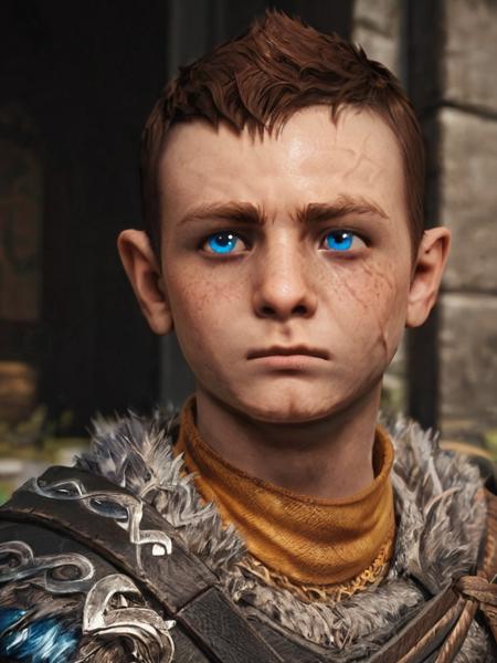 Atreus, brown hair blue eyes male focus, weapon, arrow (projectile), bow (weapon), armor, quiver, looking at viewer