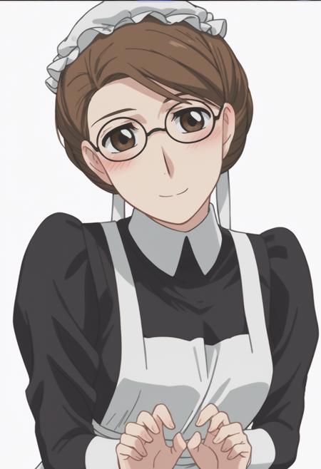 emma maid, glasses, mob cap, black dress, apron hat, brown capelet, black dress