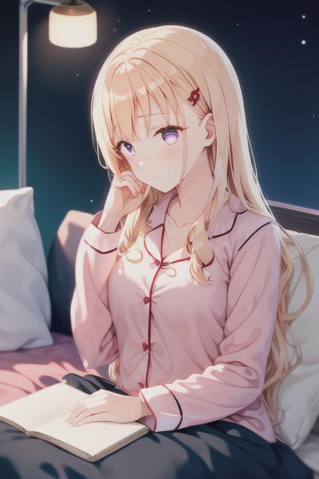 Saki, 1girl, tired, blonde hair, long hair, hairpin, loose hair, pink pyjama, (pyjama), notebook, laying, blue bed, cushion, holding her hand to her head, (night), purple eyes, (lights turned off), (masterpiece, the best picture, the most detail picture)",