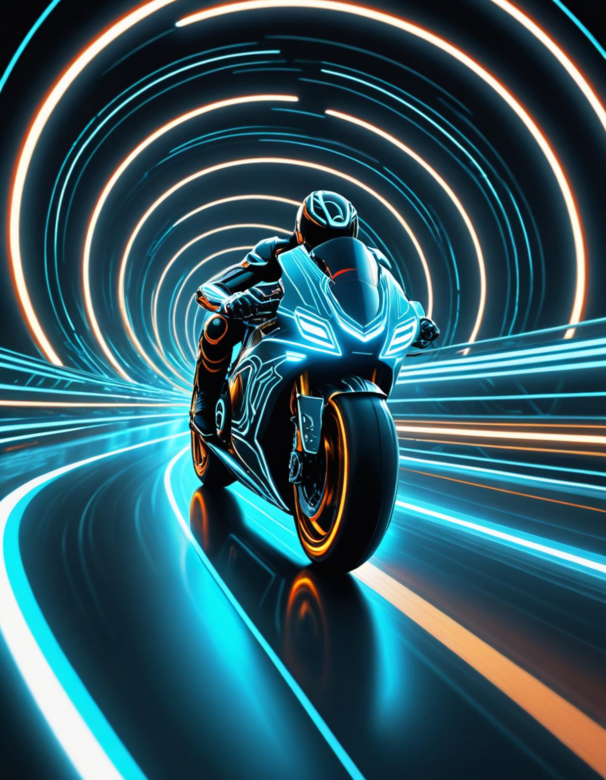 A motorcycle rider in a futuristic setting with a blue tunnel and a bright background.