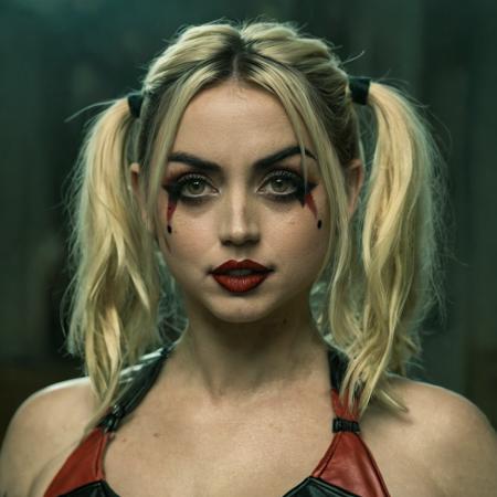 A portrait photo of Ana de armas actress dressed as Harley Quinn, f /2.8, Canon, 85mm,cinematic, high quality, skin texture, looking at the camera <lora:ana_xl_8dim-000030:1>