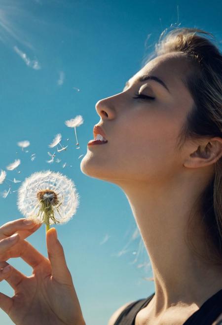 Close-up macro photography captures a woman as she gently blows an abundance of dandelion seeds, 
each one pirouetting through the air against a backdrop of a clear blue sky, 
infusing the moment with a sense of magical weightlessness, 
cinematic style, 
Polaroid nostalgia, 
soft-focus background, 
high shutter speed to freeze motion, 
natural light, 
vibrant yet delicate color palette, 
creating an ultra-realistic image, 
cinema