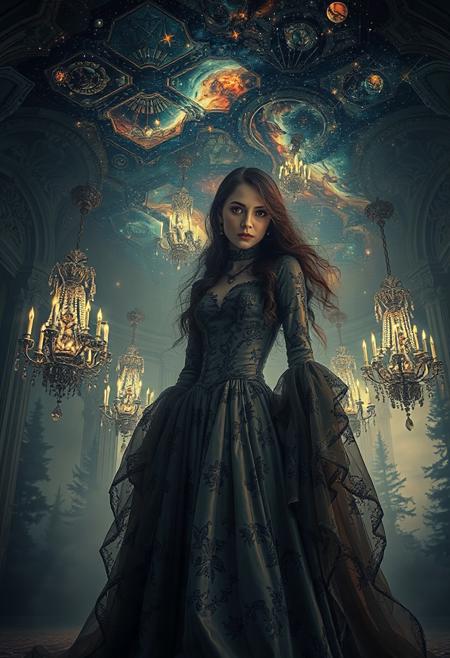 Cosmic Baroque Court ,  floating nebula-like patterns, constellations woven into silk garments, glowing crystalline chandeliers, ethereal celestial ballroom, starry Rococo ceiling frescoes, gothic fantasy, dark romanticism, muted colors, ethereal beauty, melancholic atmosphere, detailed costumes, expressive eyes, flowing hair, Victorian-inspired elements, misty backgrounds, mystical forests, somber elegance, haunting emotions, intricate lace, poetic sadness