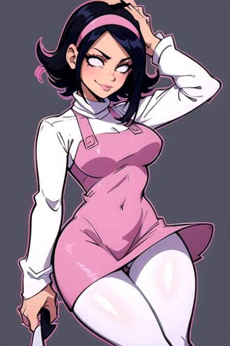 <lora:nene:0.8> 1girl, solo, breasts, smile, short hair, simple background, shirt, black hair, long sleeves, dress, holding, medium breasts, white shirt, weapon, pantyhose, hairband, grey background, covered navel, turtleneck, knife, pink dress, :p, white pantyhose, outline, holding knife, white outline, pink hairband