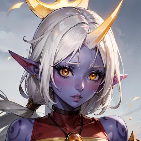 2d, masterpiece, best quality, anime, highly detailed face, perfect lighting, soraka, purple skin, <lora:soraka_lora_1-09:0.9>, 1girl, colored skin, cropped torso, dress, jewelry,