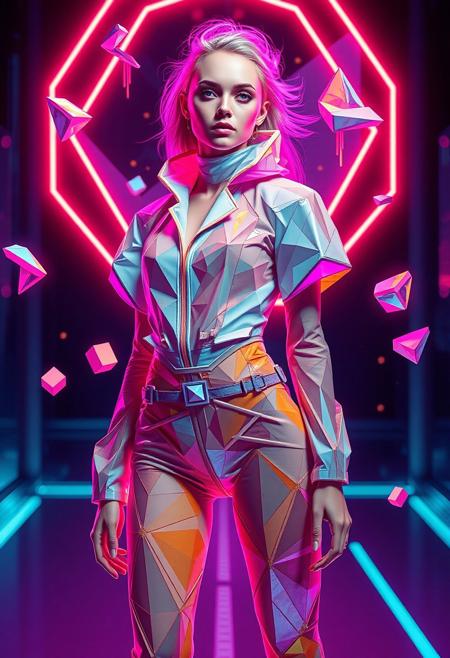 hypermaximalisim, surreal, conceptual, female figure, wearing abstract clothing, geometric shapes, vivid colors, futuristic fashion, polygonal patterns, neon lights, avant-garde, artistic composition, high resolution, sharp details, (digital art:1.2), (extra1:4), bold shapes, experimental design, sharp edges, glowing accents, unconventional beauty, floating elements, (hyper-realistic textures:1.4), intricate details, modern art, defying expectations, unique patterns, (blurry:-1.6), (low-resolution:-1.7), (overexposed:-1.4), (dull colors:-1.5), (boring composition:-1.4), (unrefined shapes:-1.6), (flat lighting:-1.5), (generic design:-1.6)