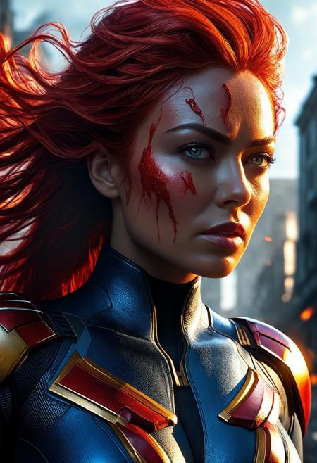 UltUltra detailed digital art masterpiece, Hyperdetailed, hyperrealism, extremely high resolution of Beautiful Superheroine Jean Grey as Dark Phoenix, Greg Rutkowski style, stands in a bloody, sinister fiery battle in the streets of a ruined city, Realistic blue eyes, wavy red hair, Intricately designed cool X-Men Superheroine combat costume with X logo, Marvel, X-Men, 8K, deep color, Cinematic Lighting, intricate smooth, sharp focus digital painting, Artgerm, WLOP, Greg Rutkowski, Beautiful Sadie Sink as 21 years old Jean Grey as Phoenix, Intricately Designed handsome pale face, Marvel comics, Realistic combat dirty clothing, perfect whole athletic body, defiant and seductive, Photograph Taken on Nikon D750, Intricate Elegant, Digital Illustration, Scenic, Unreal Engine, CryEngine, Octane Render, 8k, Designed combat clothes, Attractive, Attractive black woman, dramatic lighting, wet and sweaty skin, beautiful firm Breasts, Daylight, Concept art by Greg Rutkowski, adding to the intense and dynamic atmosphere of the scene
