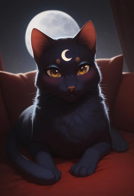 Score_9, score_8_up, score_7_up, best quality, masterpiece, intricate details, OverallDetail, zPDXL, Expressiveh, full body, Living room
BREAK 
Luna, cat, whiskers,golden halfmoon on forehead, brown eyes, blue-black fur, golden halfmoon on her forehead, she sits on the couch, happy, blushes, looks at the viewer,golden halfmoon on her forehead
, Detailed background
