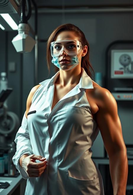 Jennifer, a female scientist who, injects herself with an experimental muscle groeth serum she had been working on. The serum causing her body to grow exremly large and stronger and 1o times more muscle mass at an alarming rate. Jennifer's muscles swell and her physical power increases dramatically, transforming her into a towering, seven-foot-tall mass of pure muscle.