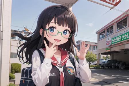 best quality, ultra-detailed, illustration,
1girl, glasses, black hair, long hair, school uniform, school bag, smile, laughing, solo focus,
saizeriya, storefront, scenery, outdoors, sign, building, window
 <lora:saizeriya_ex_SD15_V1:1>