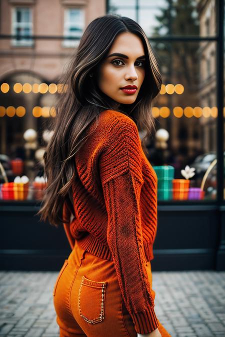 a vintage photograph of beautiful (C4ryn41:1.1) woman,as a fashion model,walking in a quaint european village square,wearing (clay orange knit sweater:1.2) with (cedar brown pants),wearing diamond earrings and bracelet,holding a wrapped birthday gift box,surrounded by (shops with window displays:1.3),a park with (fountain:1.1) in background,long hair,jewelry,lipstick,makeup and eyeshadow,professional magazine photoshoot,modelshoot style,sharp focus,detailed eyes,depth of field,(highly detailed),(HDR),(8k wallpaper),intricately detailed,high contrast,highres,absurdres,hyper realistic,8K UHD DSLR,Fujifilm XT3,taken with (Canon EOS 1Ds camera),35mm film,dramatic,(looking at viewer),4k textures,elegant,hyperdetailed,PA7_Portrait-MS,<lora:C4ryn41_06B-000002:1.0>,