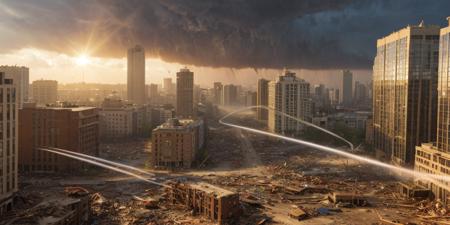 a destroyed city (under a massive tornado), demolished tall buildings and crashed cars, a lot rubble covering the streets and flying around BREAK
CHSNGN, view frim below, at day time in a storm, dutch angle, dolly zoom, sun rays, lens flare, intrincate details, ultra realistic, sharp focus