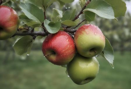 green and red apples with a lot of water drops on them in an apple tree, very realistic photography