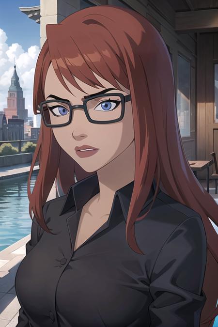 masterpiece, best quality, 1girl, solo, highres,  <lora:CARTOON_DC_batgirl_ownwaifu:0.7>, scenery, 
CARTOON_barbara_ownwaifu,www.ownwaifu.com,long hair,shirt,glasses,red hair,collared shirt,blue eyes,black-framed eyewear,bangs,breasts,under-rim eyewear,semi-rimless eyewear,