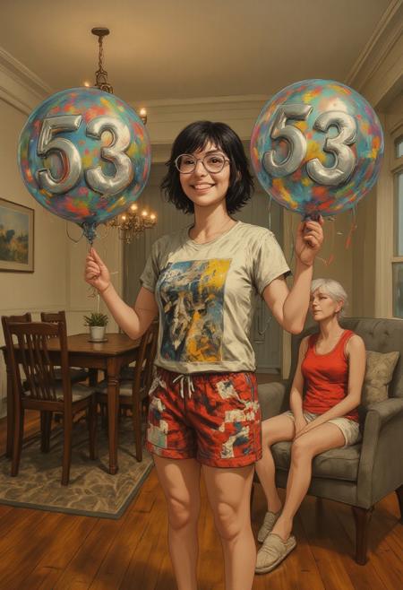 Abstract oil painting, vibrant colors, rough texture, broad brush strokes. Close-up portrait of a young woman with short bob, big round glasses, bare shoulders. The image is a photograph capturing a joyful moment inside a cozy, well-lit living room. The central subject is a woman with a light skin tone, wearing a casual outfit of a white T-shirt with a graphic print and red shorts adorned with white and black patterns. She has short, dark hair and is smiling broadly. In her hands, she holds two large, shiny silver helium balloons, each displaying the number "53" in bold, metallic letters. She is also wearing light-colored slippers.
In the background, another woman with white hair, wearing a red tank top and white shorts, is seated on a grey armchair. The room features a polished wooden floor, a dark brown dining table with chairs, and a modern chandelier hanging from the ceiling. The walls are painted a soft beige, and there is a decorative crown molding at the top of the walls. A grey cushion with a subtle floral pattern is placed on the armchair next to the second woman. The overall ambiance is warm and inviting, with a focus on celebration and familial bonding.