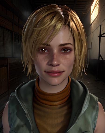 Cheryl,blonde hair,brown eyes,
vest,sleeveless,turtleneck,short skirt,
standing,looking at viewer,nervous smile,
silent hill \(series\),townm fog,
(insanely detailed, beautiful detailed face, masterpiece, best quality) cinematic lighting,<lora:Cheryl-10DBD:0.8>,